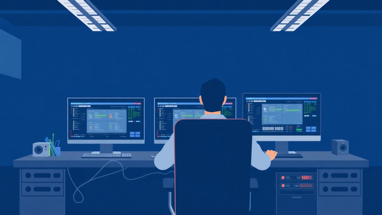 CCIE lab exam candidate at multi-monitor workstation studying routers and switches