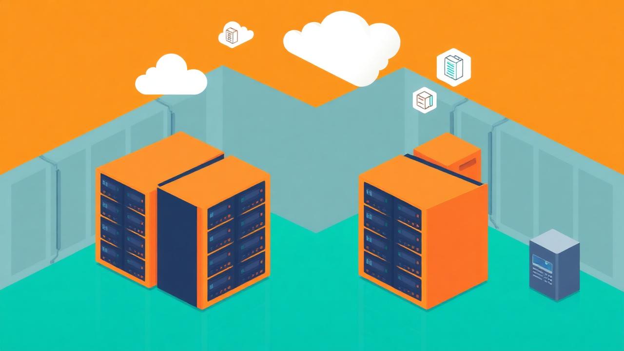 Isometric AWS data center with server racks and floating cloud icons