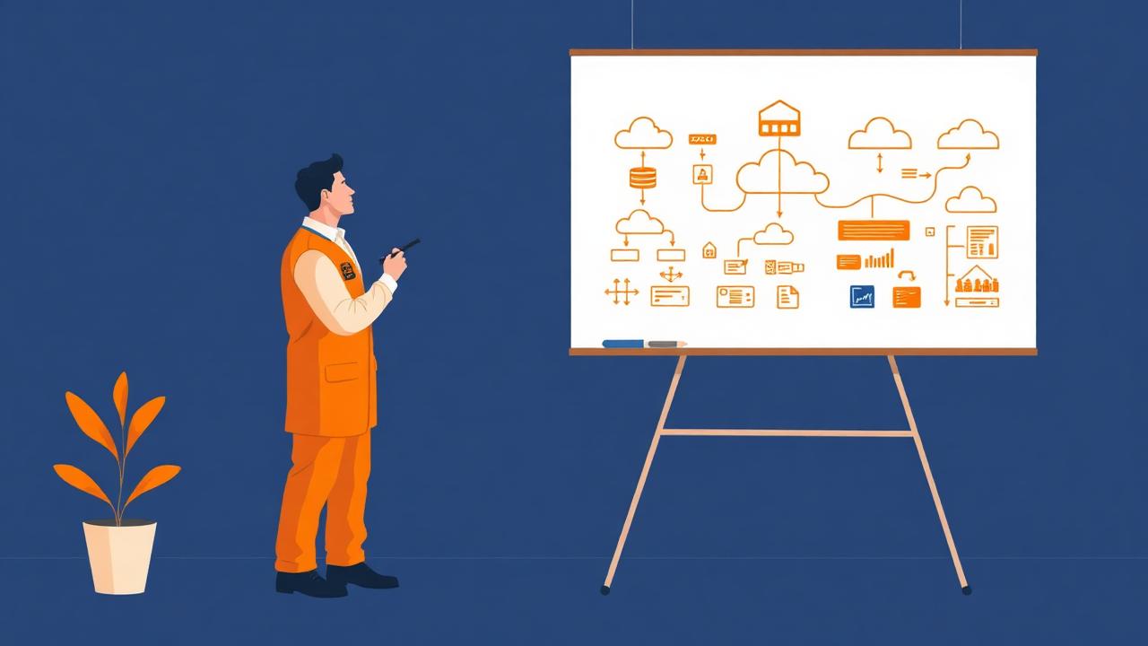 Cloud solutions architect drawing AWS infrastructure diagram on a whiteboard