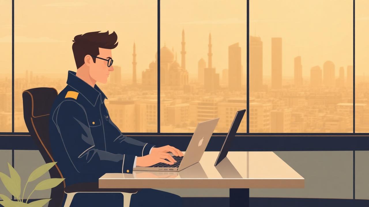 Cloud engineer working with laptop in modern Middle Eastern office 2026