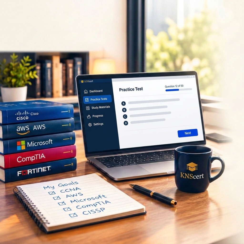 Certification desk with a laptop, books, a KNScert mug, and a My Goals notebook listing CCNA, AWS, Microsoft, CompTIA, and CISSP